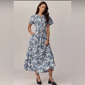 Anthropologie Somerset Tiered Maxi Dress Floral Blue Chinoiserie Vines Sz M